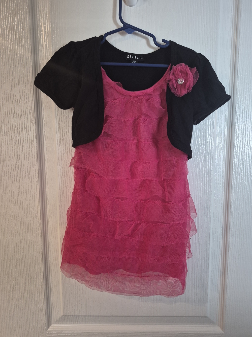 Pink Ruffle Shirt with Black Bolero